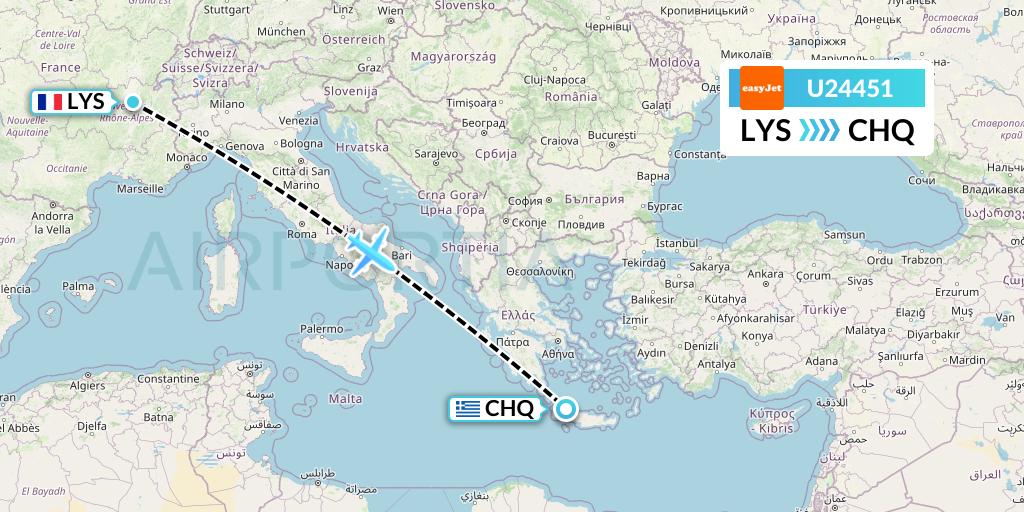 U24451 EasyJet Flight Map: Lyon to Chania