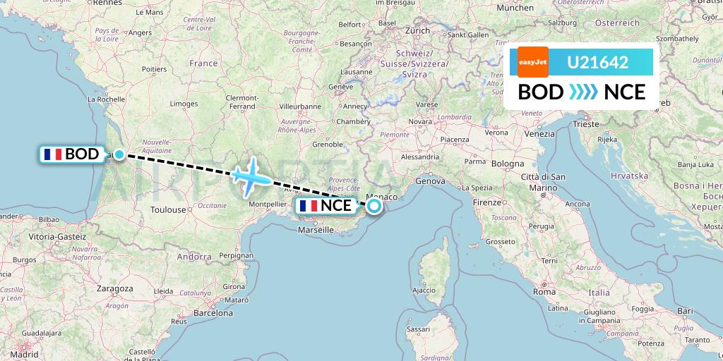 U21642 EasyJet Flight Map: Bordeaux to Nice