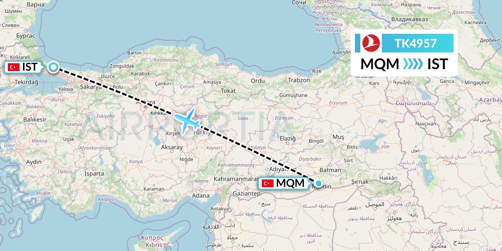 TK4957 Turkish Airlines Flight Map: Mardin to Istanbul