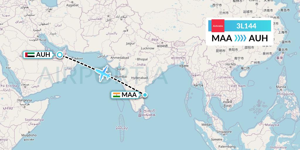 3L144 Air Arabia Abu Dhabi Flight Map: Chennai to Abu Dhabi