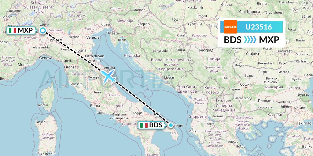 U23516 EasyJet Flight Map: Brindisi to Milan