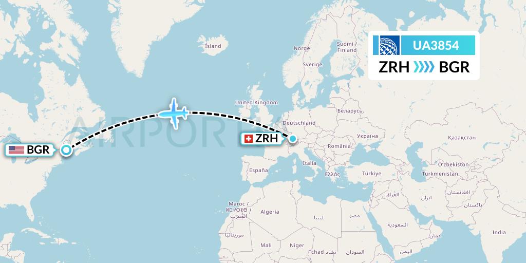 UA3854 United Airlines Flight Map: Zurich to Bangor