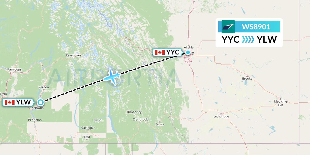 WS8901 WestJet Flight Map: Calgary to Kelowna
