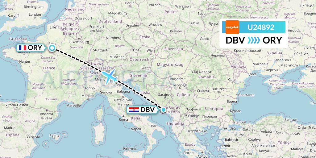 U24892 EasyJet Flight Map: Dubrovnik to Paris