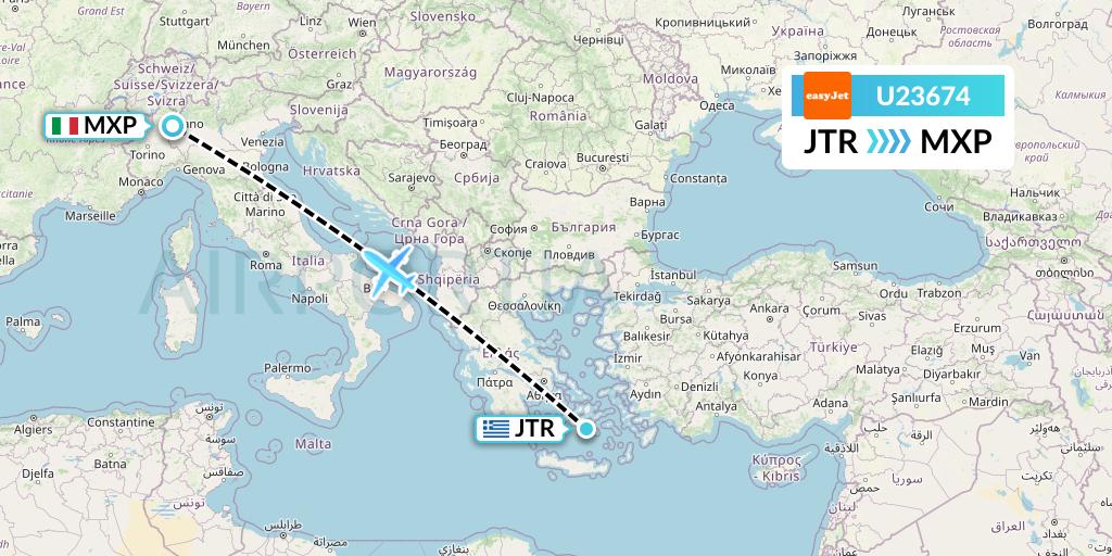U23674 EasyJet Flight Map: Santorini to Milan