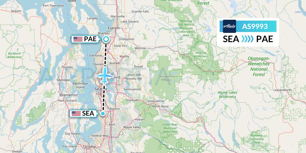 AS9993 Alaska Airlines Flight Map: Seattle to Everett