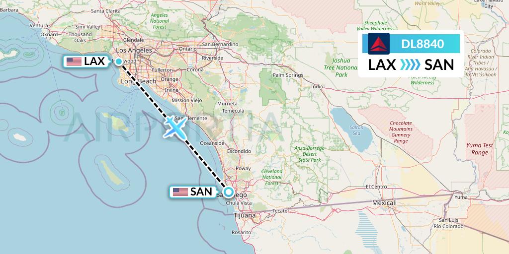 DL8840 Delta Air Lines Flight Map: Los Angeles to San Diego