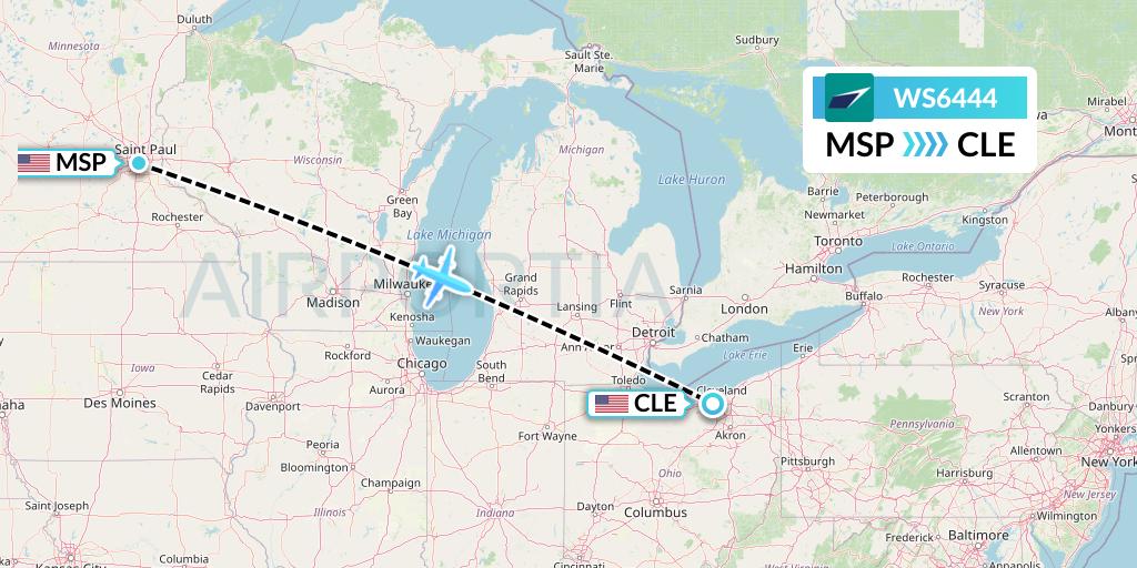 WS6444 WestJet Flight Map: Minneapolis to Cleveland