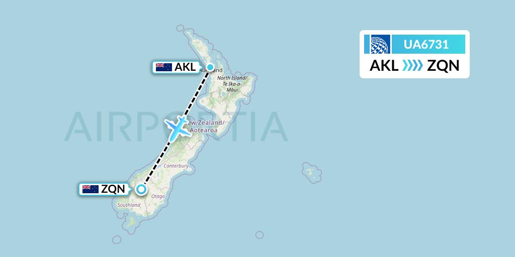 UA6731 United Airlines Flight Map: Auckland to Queenstown