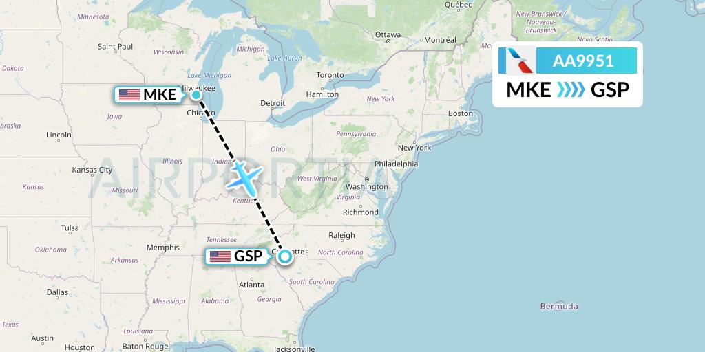 AA9951 American Airlines Flight Map: Milwaukee to Greenville-Spartanburg
