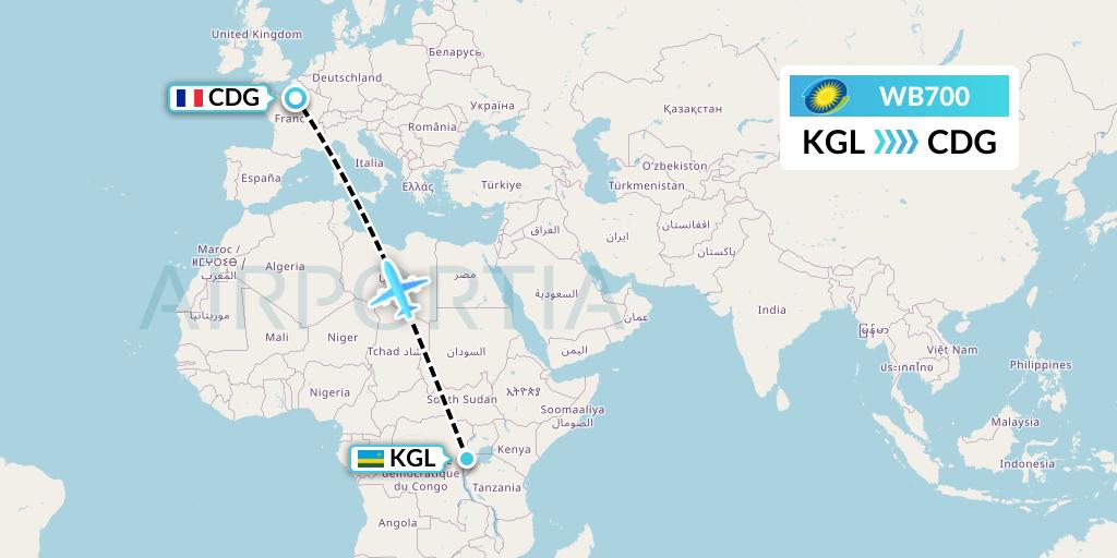 WB700 RwandAir Flight Map: Kigali to Paris