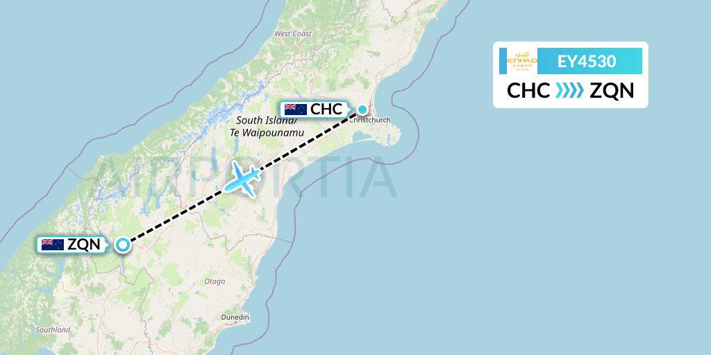 EY4530 Etihad Airways Flight Map: Christchurch to Queenstown