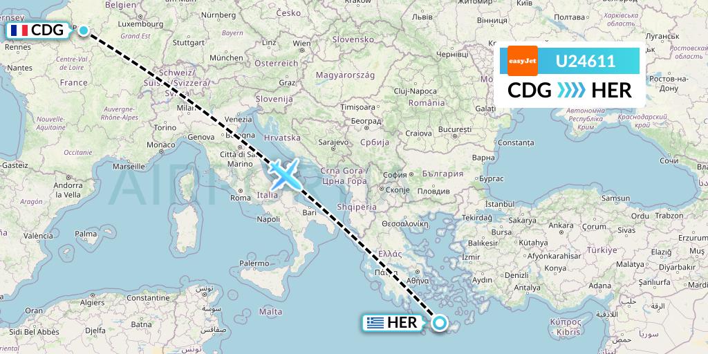 U24611 EasyJet Flight Map: Paris to Heraklion