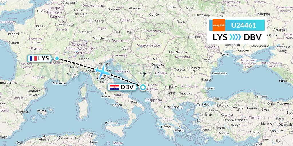 U24461 EasyJet Flight Map: Lyon to Dubrovnik