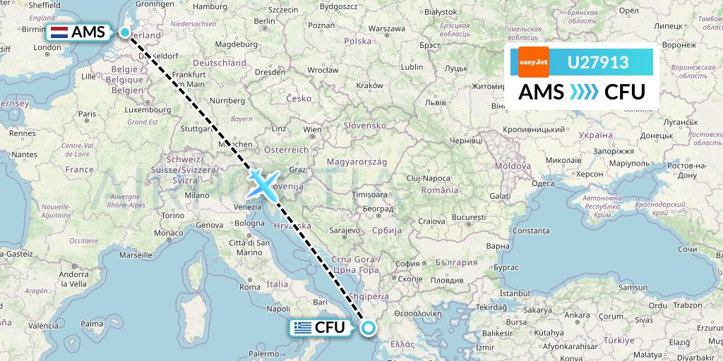 U27913 EasyJet Flight Map: Amsterdam to Corfu