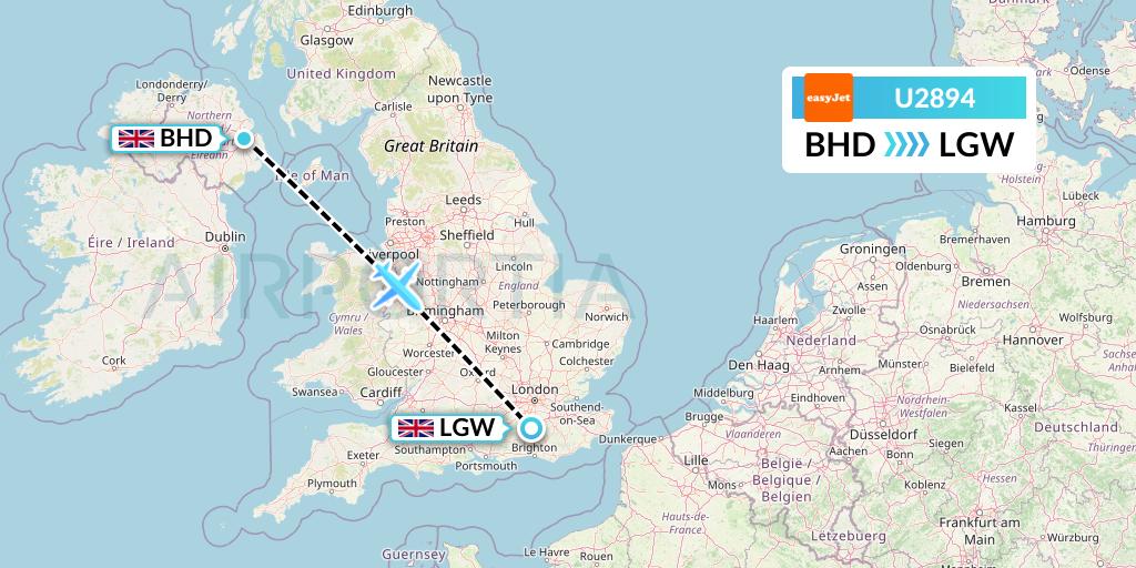 U2894 EasyJet Flight Map: Belfast to London