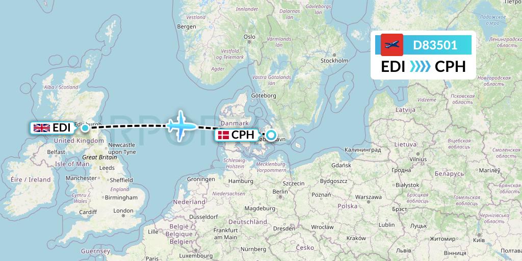 D83501 Norwegian Air International Flight Map: Edinburgh to Copenhagen