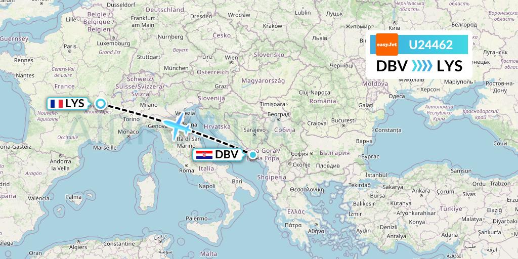 U24462 EasyJet Flight Map: Dubrovnik to Lyon