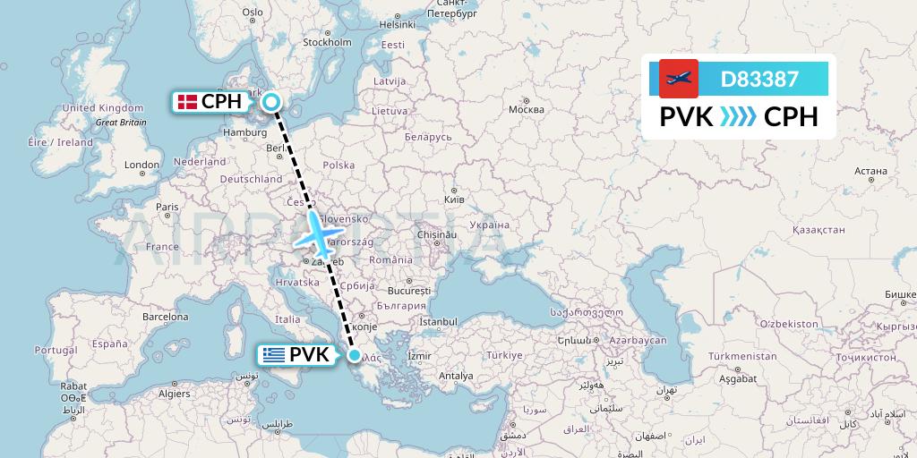 D83387 Norwegian Air International Flight Map: Preveza to Copenhagen