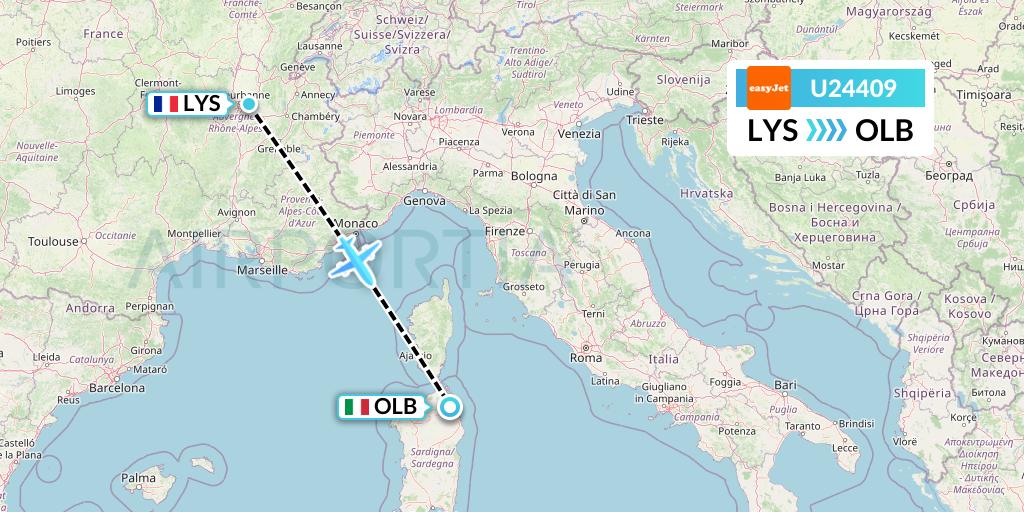 U24409 EasyJet Flight Map: Lyon to Olbia