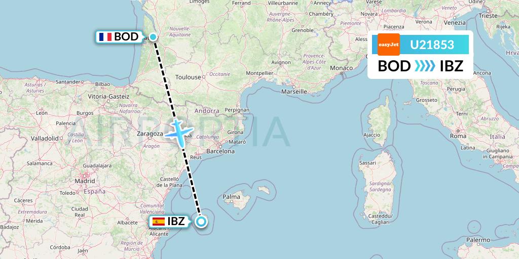U21853 EasyJet Flight Map: Bordeaux to Ibiza