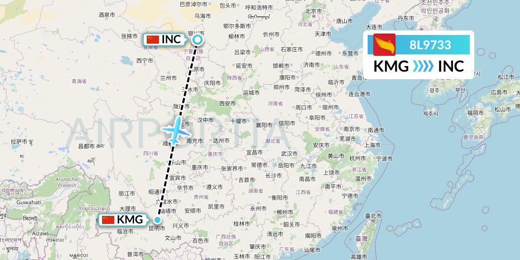 8L9733 Lucky Air Flight Map: Kunming to Yinchuan