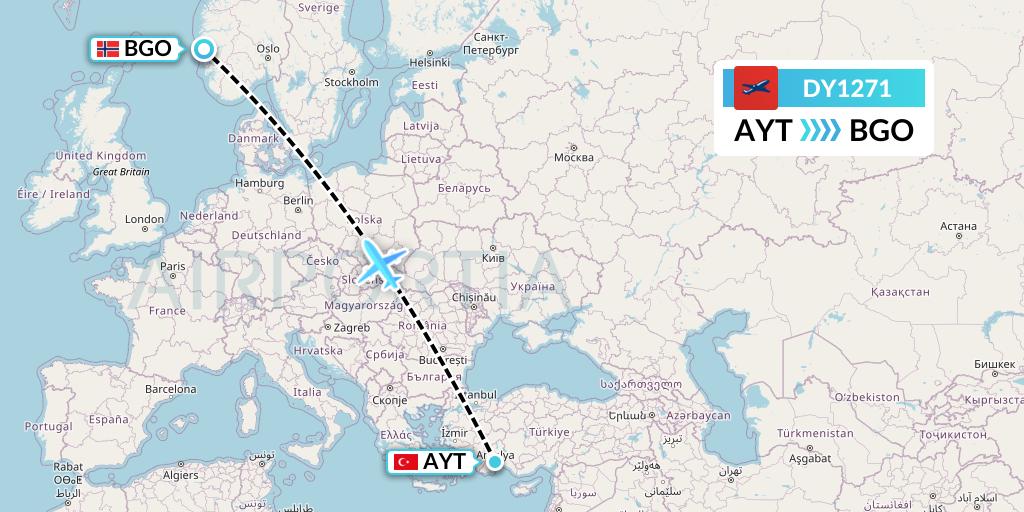 DY1271 Norwegian Flight Map: Antalya to Bergen
