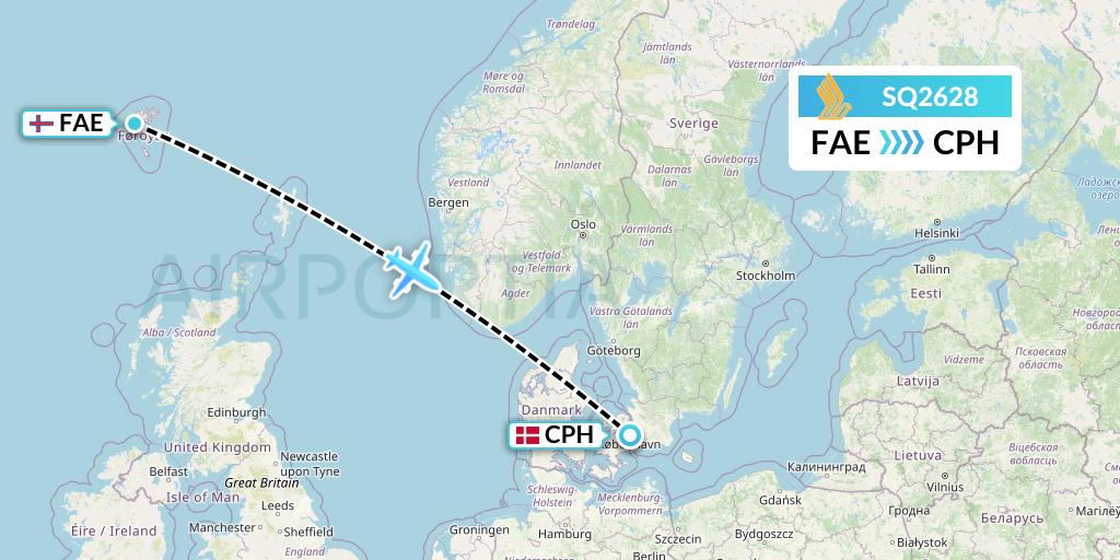 SQ2628 Singapore Airlines Flight Map: Vagar to Copenhagen