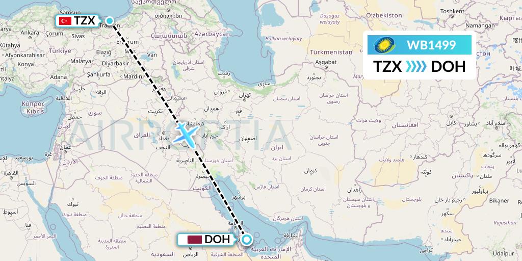 WB1499 RwandAir Flight Map: Trabzon to Doha