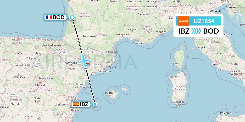 U21854 EasyJet Flight Map: Ibiza to Bordeaux