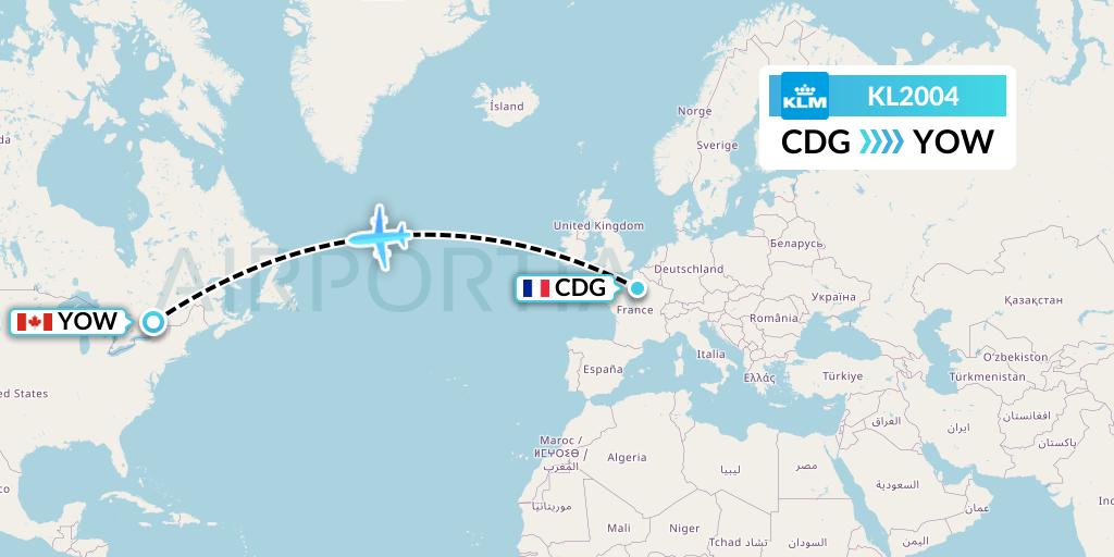 KL2004 KLM Flight Map: Paris to Ottawa