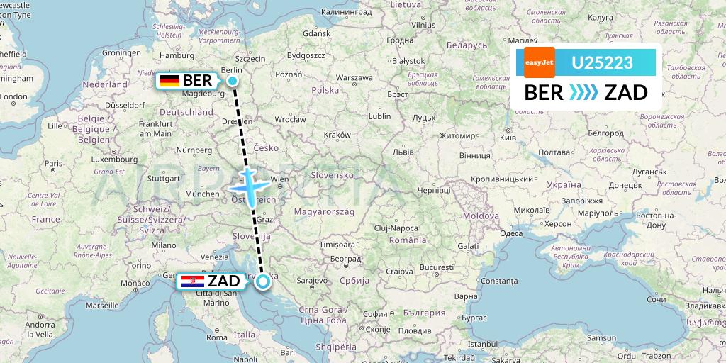 U25223 EasyJet Flight Map: Berlin to Zadar