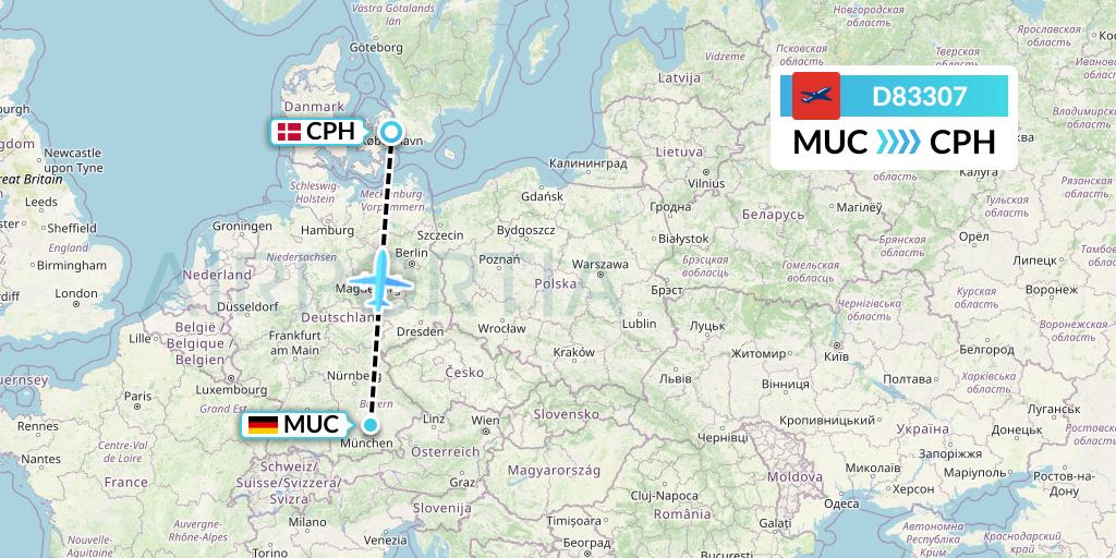 D83307 Norwegian Air International Flight Map: Munich to Copenhagen