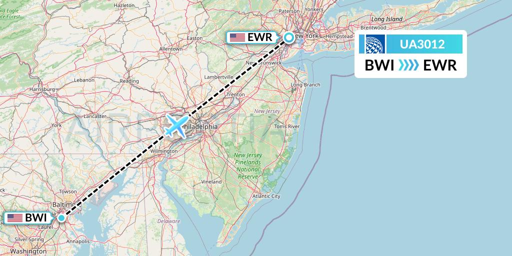 UA3012 United Airlines Flight Map: Baltimore to New York