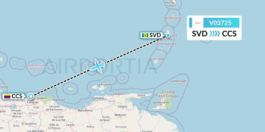V03725 Conviasa Flight Map: Kingstown to Caracas