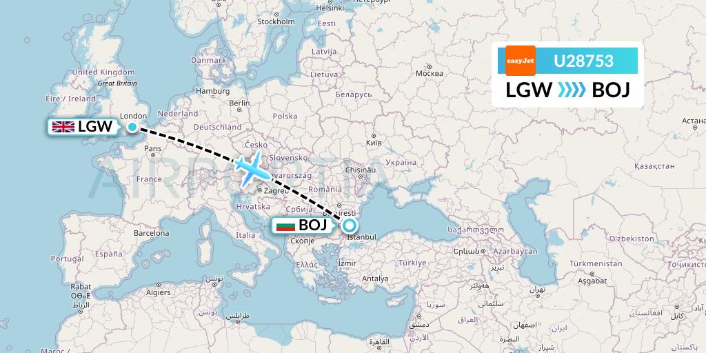 U28753 EasyJet Flight Map: London to Burgas