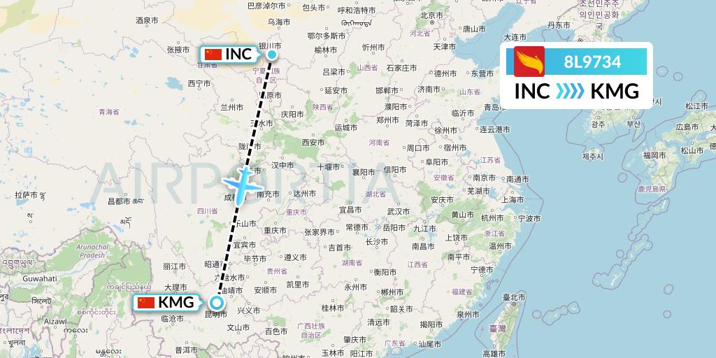 8L9734 Lucky Air Flight Map: Yinchuan to Kunming