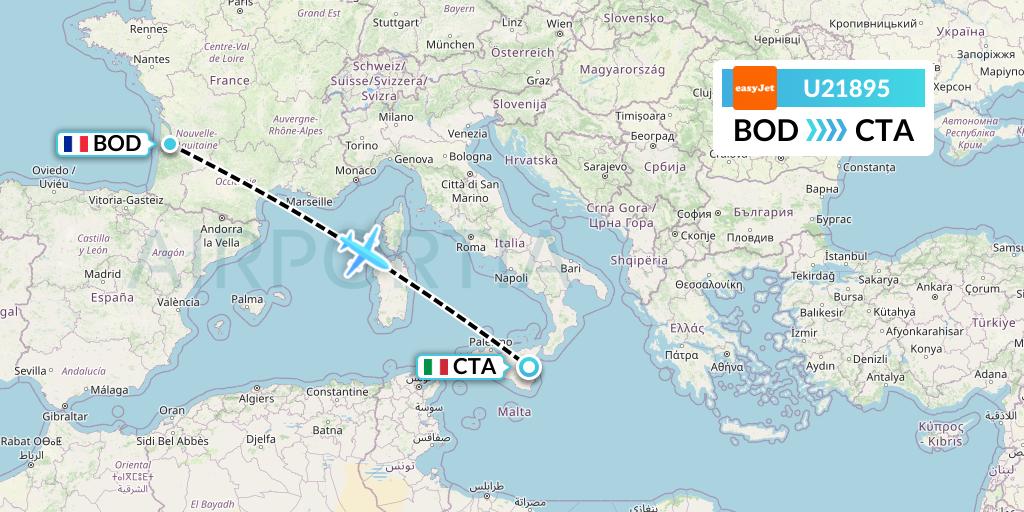 U21895 EasyJet Flight Map: Bordeaux to Catania