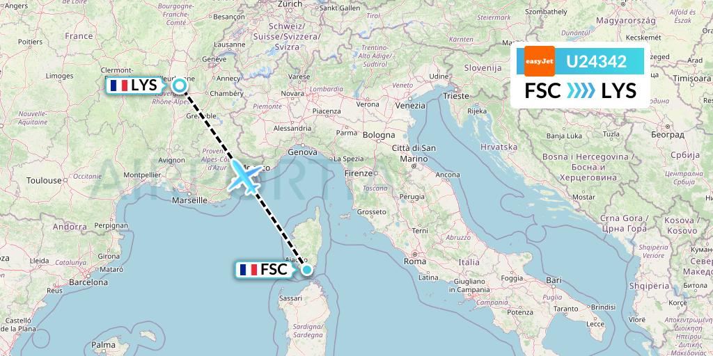 U24342 EasyJet Flight Map: Figari to Lyon