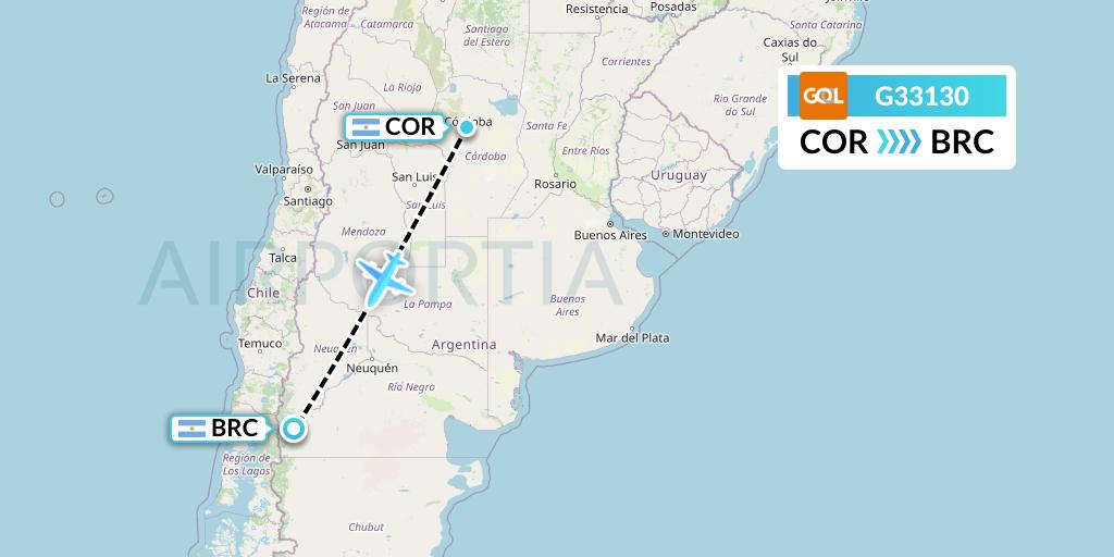 G33130 GOL Transportes Aeros Flight Map: Cordoba to San Carlos de Bariloche