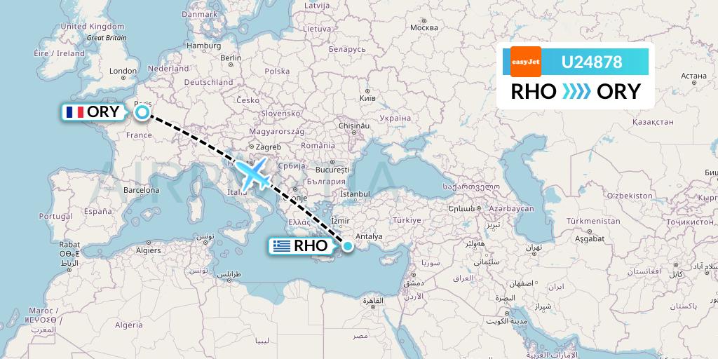 U24878 EasyJet Flight Map: Rhodes to Paris