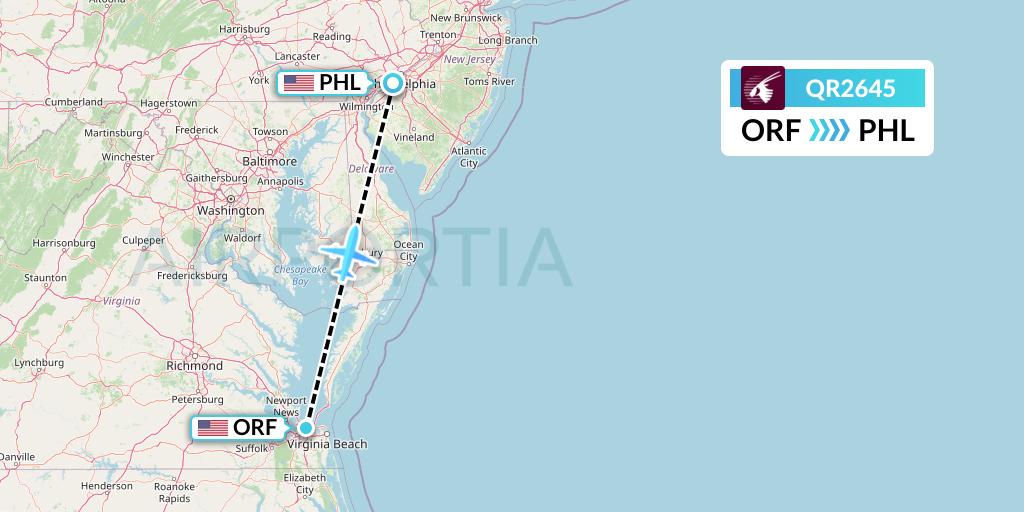 QR2645 Qatar Airways Flight Map: Norfolk to Philadelphia