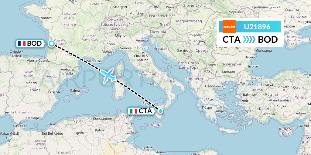 U21896 EasyJet Flight Map: Catania to Bordeaux