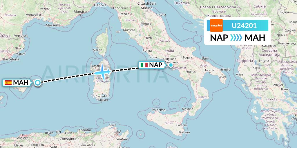 U24201 EasyJet Flight Map: Naples to Mahon