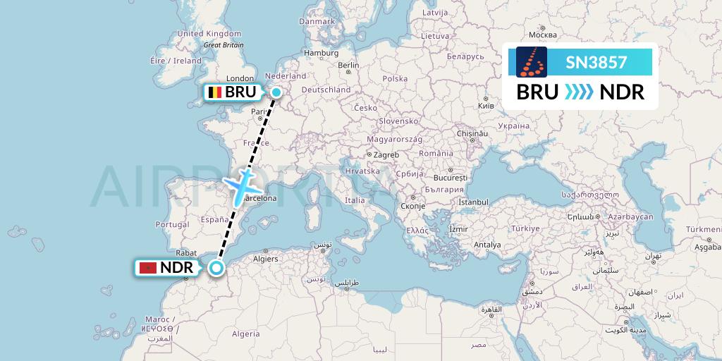 SN3857 Brussels Airlines Flight Map: Brussels to Nador