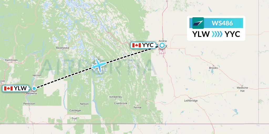 WS486 WestJet Flight Map: Kelowna to Calgary