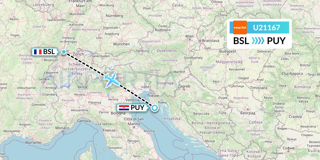 U21167 EasyJet Flight Map: Basel to Pula