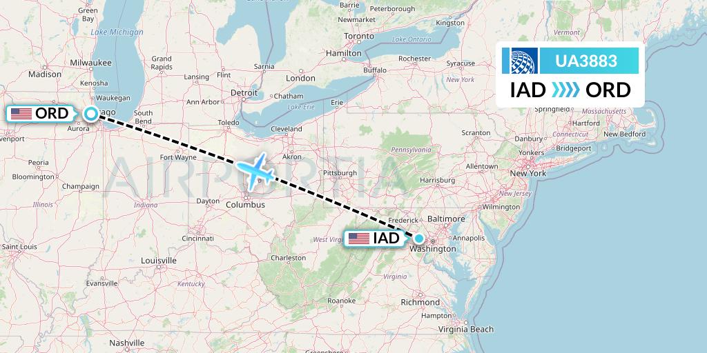 UA3883 United Airlines Flight Map: Washington to Chicago