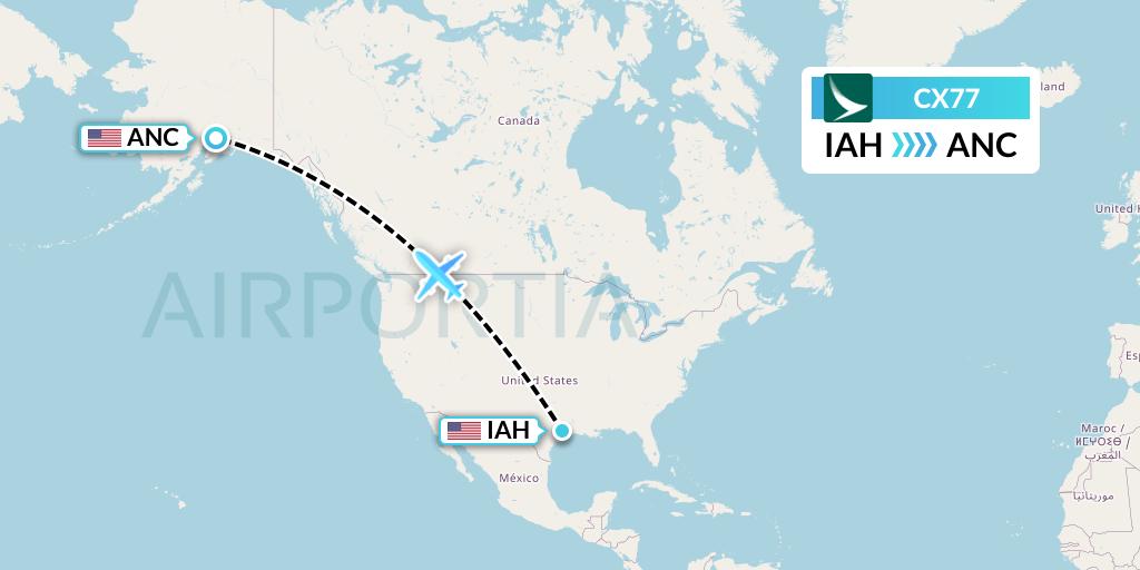CX77 Cathay Pacific Flight Map: Houston to Anchorage