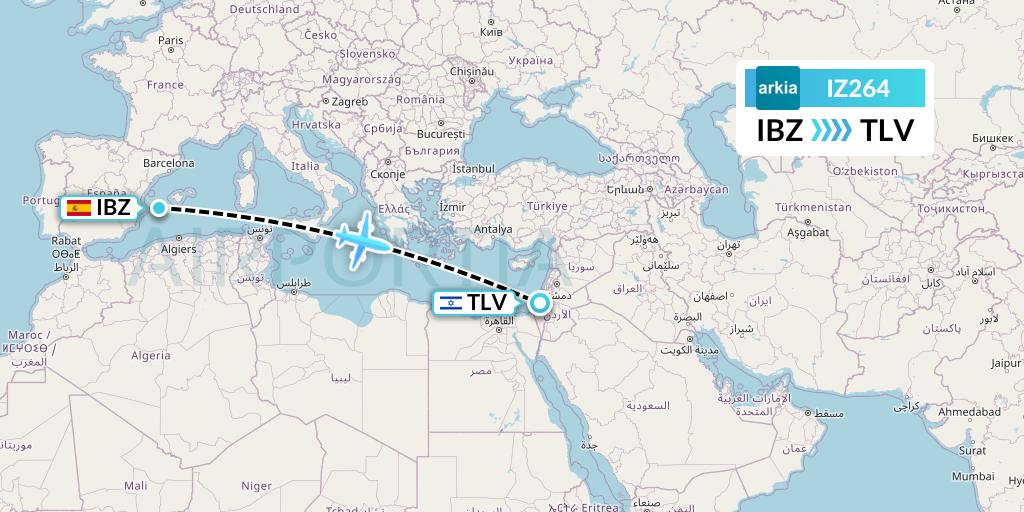 IZ264 Arkia Israeli Airlines Flight Map: Ibiza to Tel Aviv
